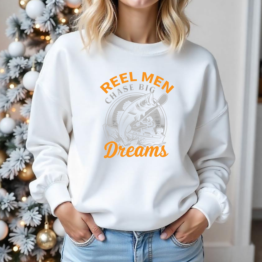 Fishing Crewneck Sweatshirt, "Reel Men Chase Big Dreams" Graphic, Funny Angler Pullover, Outdoor Adventure Shirt, Fisherman Gift Tee