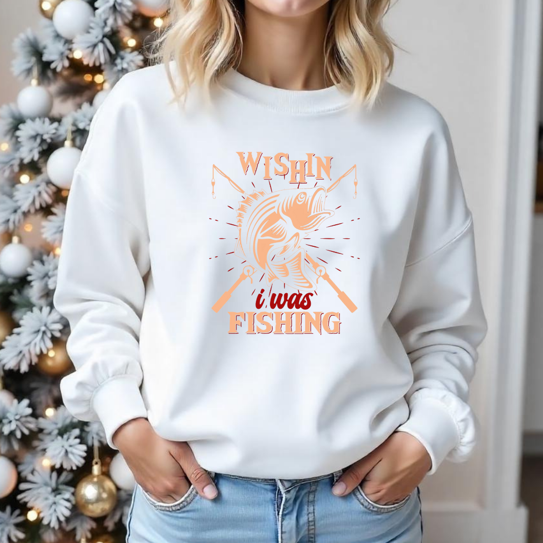 Fishing Crewneck Sweatshirt, "Wishin I Was Fishing" Retro Graphic, Vintage Angler Pullover, Outdoor Adventure Shirt, Fisherman Gift Tee