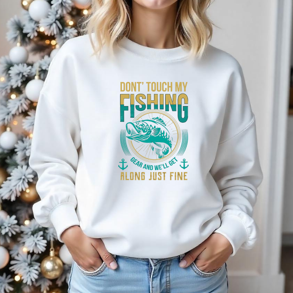 Fishing Graphic Sweatshirt, "Don’t Touch My Fishing, Alone But Fine" Cozy Crewneck, Funny Angler Pullover, Outdoor Adventure Shirt, Gift Tee