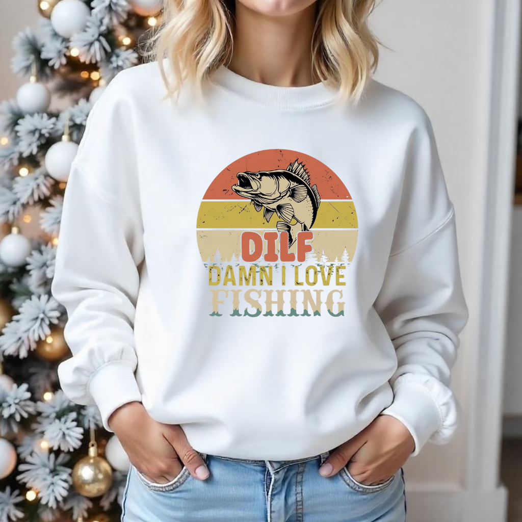 Fishing Sweatshirt, "DILF – Damn I Love Fishing" Retro Bass Crewneck, Funny Angler Shirt, Outdoor Adventure Pullover, Fisherman Gift Tee