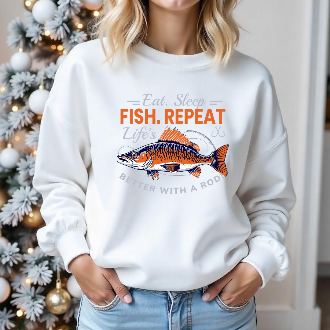 Fishing Crewneck Sweatshirt, "Eat. Sleep. Fish. Repeat." Graphic, Funny Angler Pullover, Outdoor Adventure Shirt, Fisherman Gift Tee