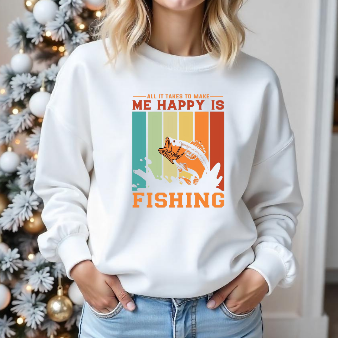 Fishing Crewneck Sweatshirt, "Me Happy Is Fishing" Retro Fish Design, Funny Angler Pullover, Outdoor Adventure Shirt, Fisherman Gift Tee
