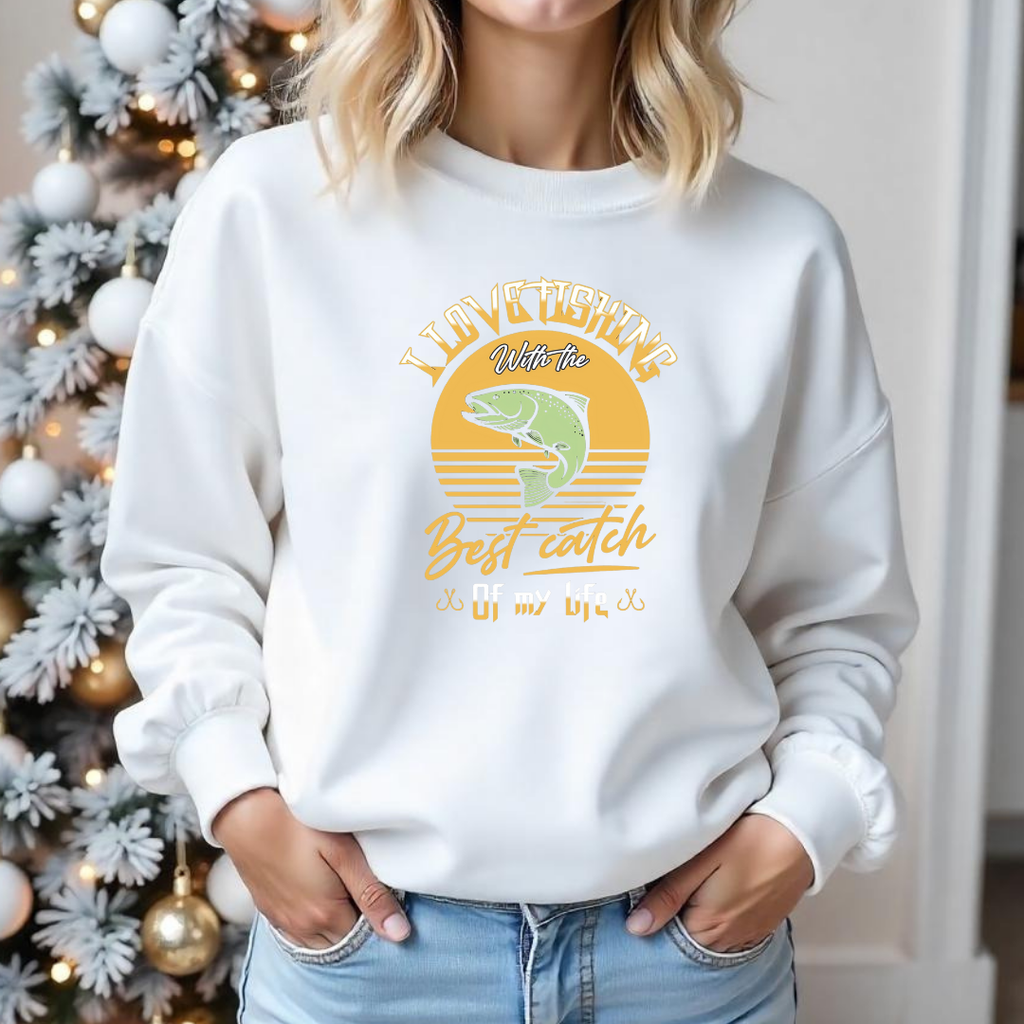 Crewneck Sweatshirt, Retro Sunset "Best Catches" Fishing Graphic, Vintage Angler Pullover, Outdoor Adventure Shirt, Fisherman Gift Tee