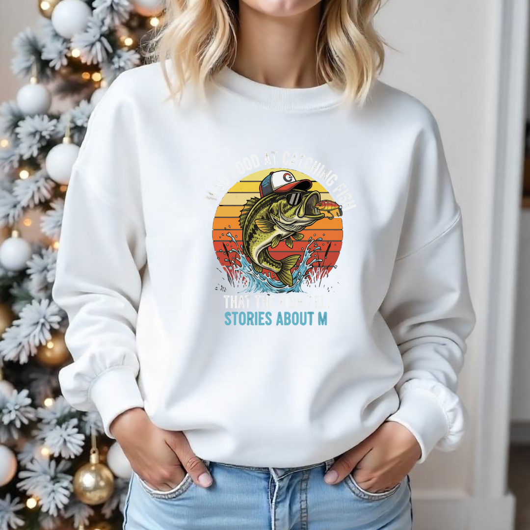 Fishing Crewneck Sweatshirt, "Stories About M" Retro Bass Graphic, Funny Angler Shirt, Outdoor Adventure Pullover, Fisherman Gift Tee