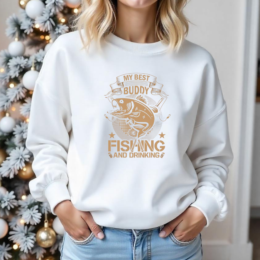 Fishing Buddy Crewneck Sweatshirt, "My Best Buddy is Fishing" Graphic, Funny Angler Shirt, Outdoor Adventure Pullover, Fisherman Gift Tee