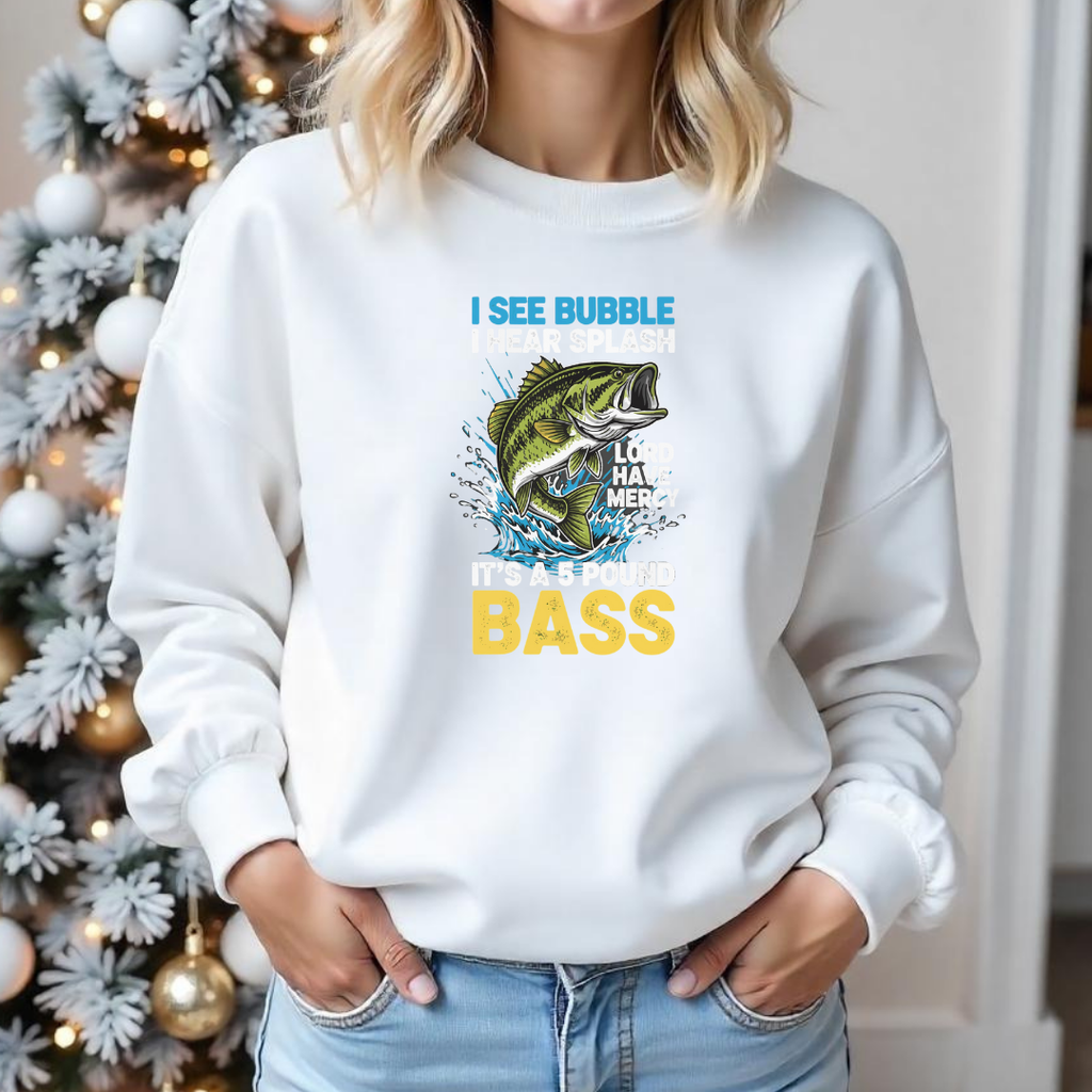 Bass Fishing Crewneck Sweatshirt, "I See Bubble Bass" Graphic, Funny Angler Shirt, Outdoor Adventure Pullover, Fisherman Gift, Retro Fishing Tee