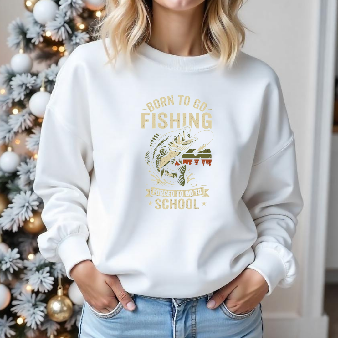 Fishing Crewneck Sweatshirt, "Born to Go Fishing" Vintage Angler Graphic, Retro Fishing Pullover, Outdoor Adventure Shirt, Fisherman Gift Tee