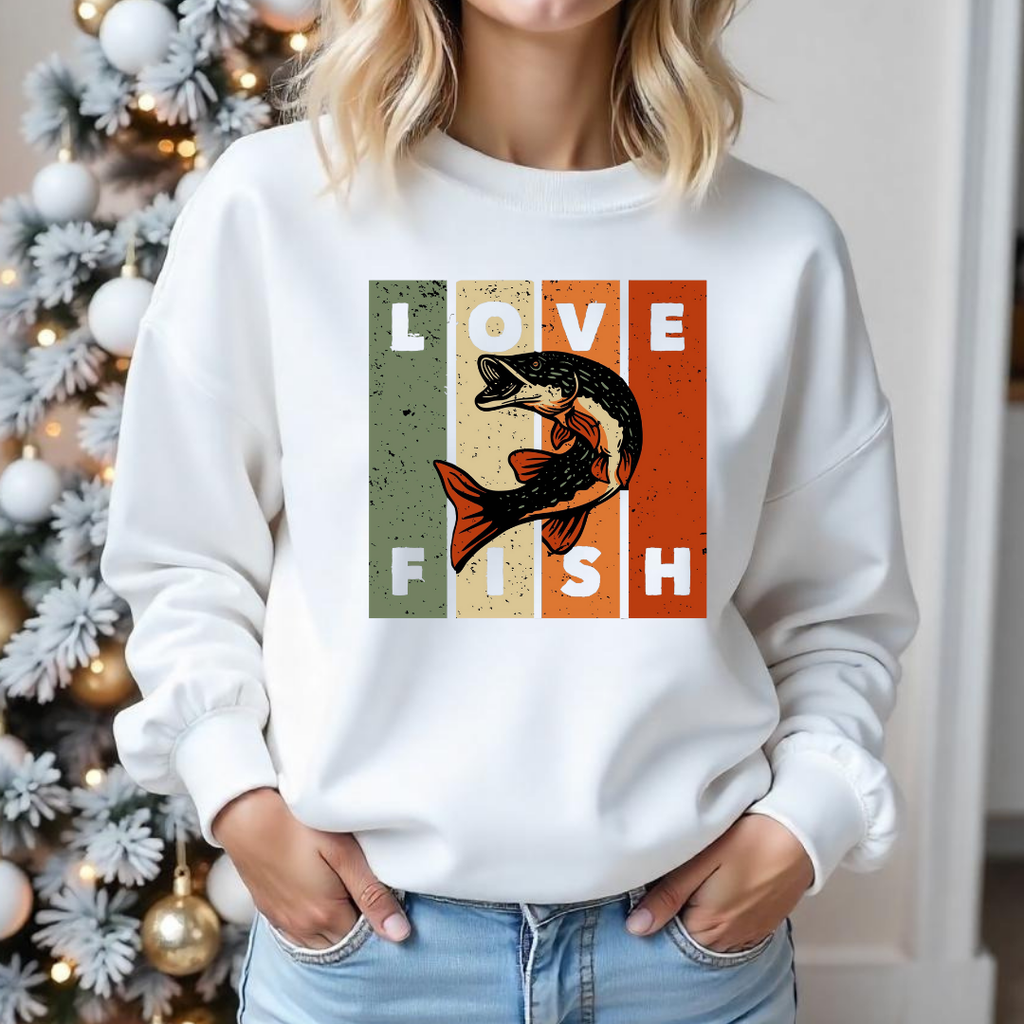 Love Fish Crewneck Sweatshirt, Retro Fishing Graphic Pullover for Anglers, Vintage Angler Shirt, Outdoor Adventure Top, Fisherman Gift Tee