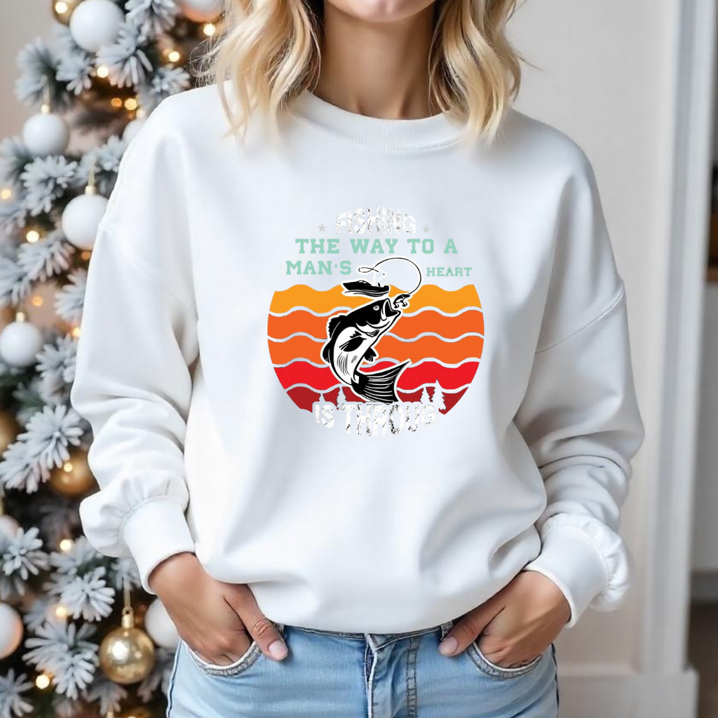 Crewneck Sweatshirt, Funny Fishing & BBQ Shirt, Retro Graphic Tee, Man’s Heart Quote, Outdoor Cooking Gift, Angler Lifestyle Apparel