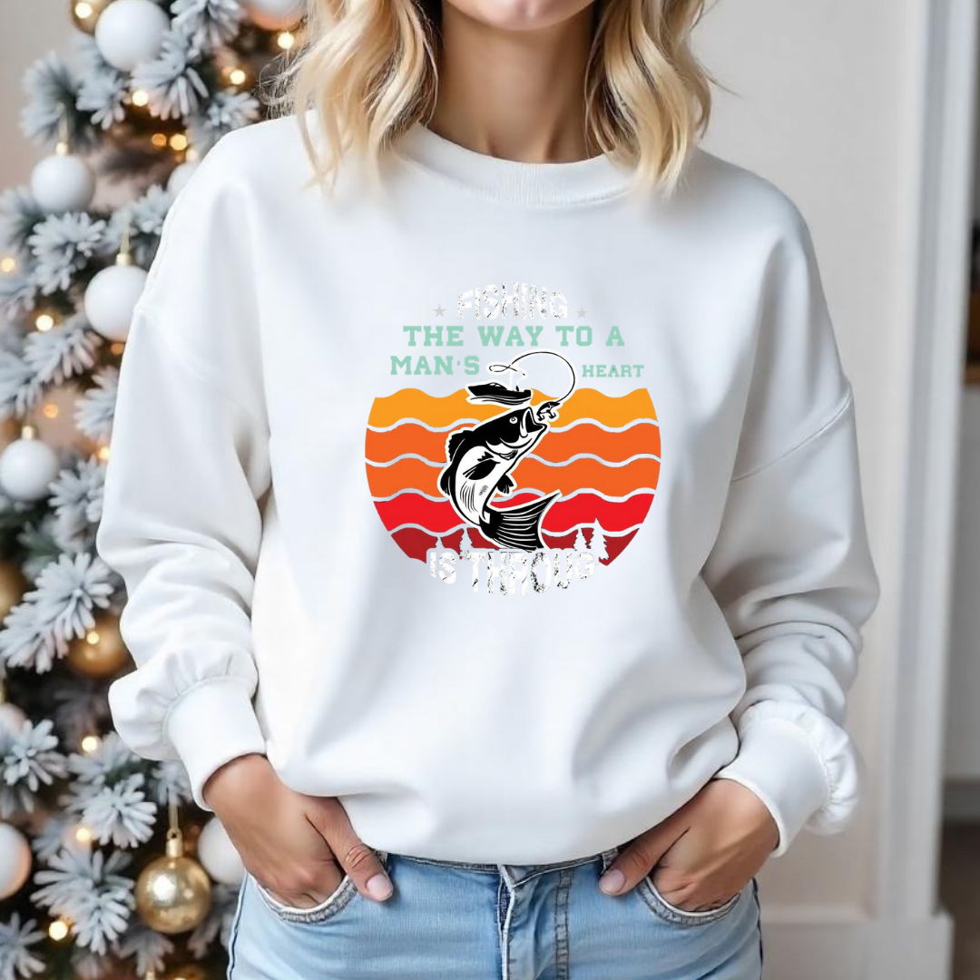 Crewneck Sweatshirt, Funny Fishing & BBQ Shirt, Retro Graphic Tee, Man’s Heart Quote, Outdoor Cooking Gift, Angler Lifestyle Apparel