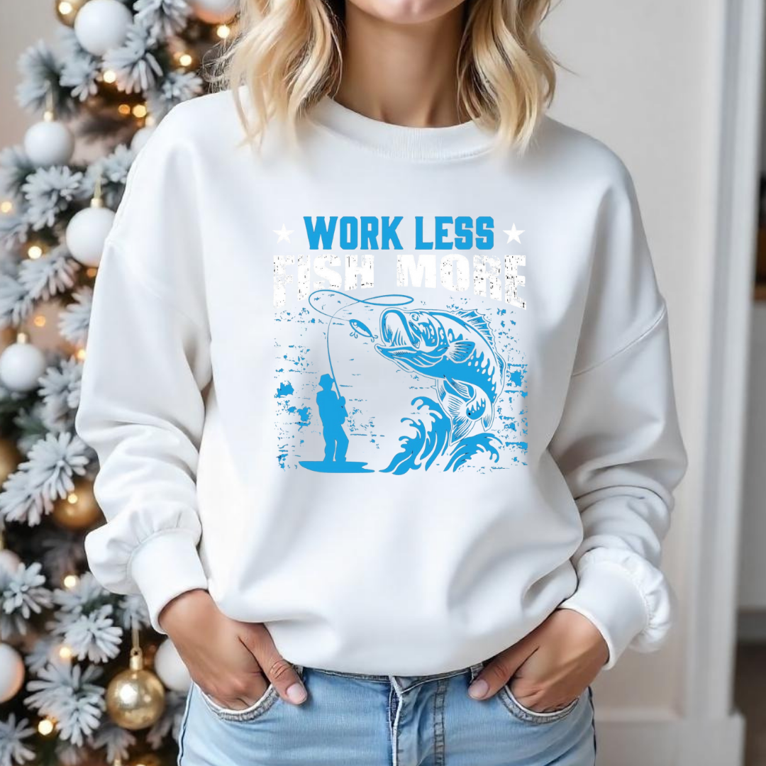 Crewneck Sweatshirt, "Work Less" Surf Vintage Graphic, Retro Beach Pullover, Casual Unisex Shirt, Cozy Coastal Tee, Summer Vibes Gift