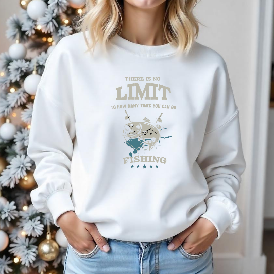 Fishing Crewneck Sweatshirt, "No Limit" Ocean Graphic, Retro Angler Pullover, Outdoor Adventure Shirt, Fisherman Gift, Relaxing Hobby Tee