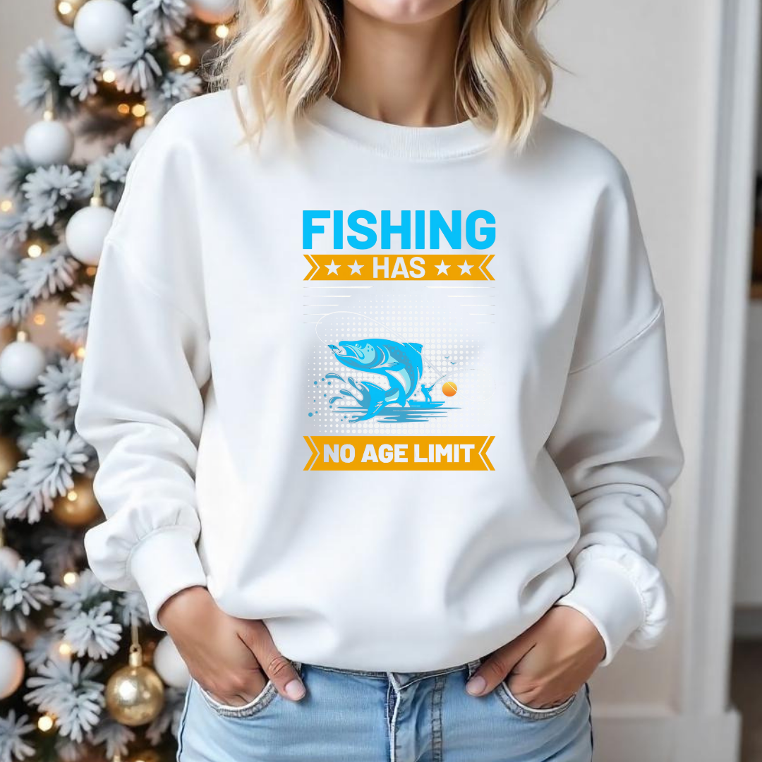 Fishing Has No Age Limit Crewneck Sweatshirt, Vintage Angler Graphic, Retro Fishing Pullover, Outdoor Adventure Shirt, Fisherman Gift Tee