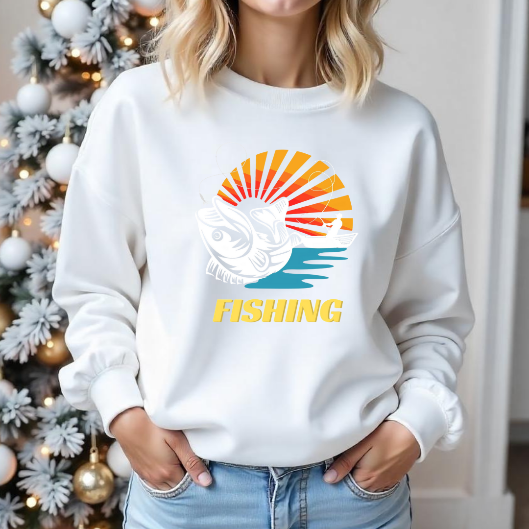 Fishing Sunset Crewneck Sweatshirt, Retro Angler Graphic Pullover, Outdoor Adventure Shirt, Vintage Fishing Gift, Relaxing Hobby Tee