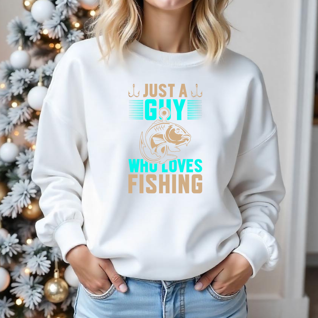 Just a Guy Who Loves Fishing Sweatshirt, Fishing Gift Crewneck, Funny Angler Shirt, Outdoor Adventure Pullover, Fisherman Graphic Tee