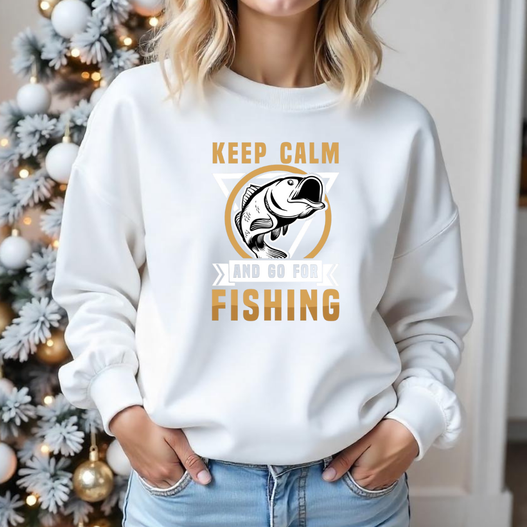 Keep Calm Fishing Crewneck Sweatshirt, Graphic Fishing Sweatshirt for Anglers, Retro Fish Pullover, Outdoor Adventure Shirt, Fisherman Gift Tee