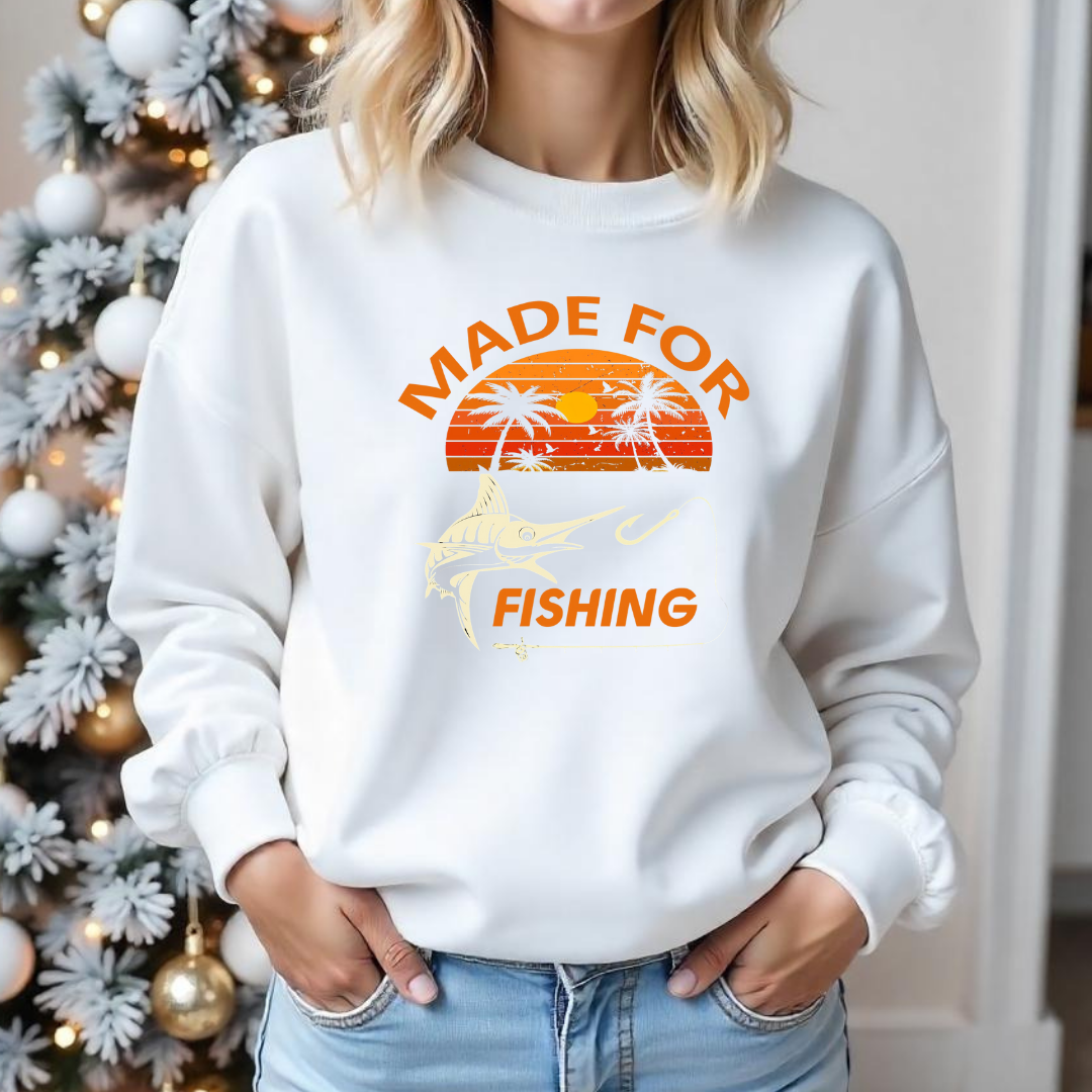 Made For Fishing Crewneck Sweatshirt, Retro Sunset Angler Pullover, Vintage Fishing Shirt, Outdoor Adventure Apparel, Fisherman Gift Tee