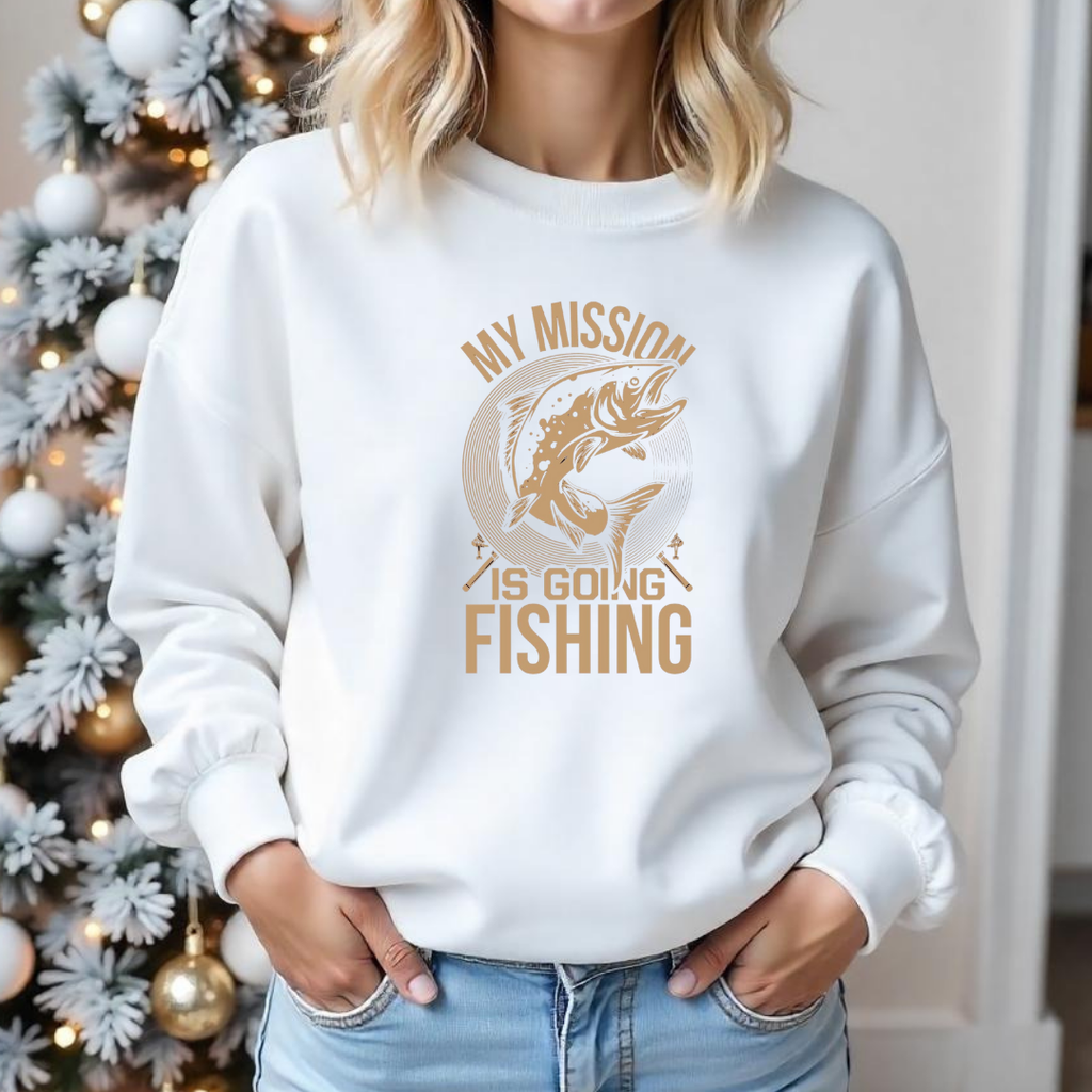 Fishing Sweatshirt, "My Mission Is Going Fishing" Crewneck, Funny Angler Pullover, Outdoor Adventure Shirt, Fisherman Gift, Relaxing Hobby Tee