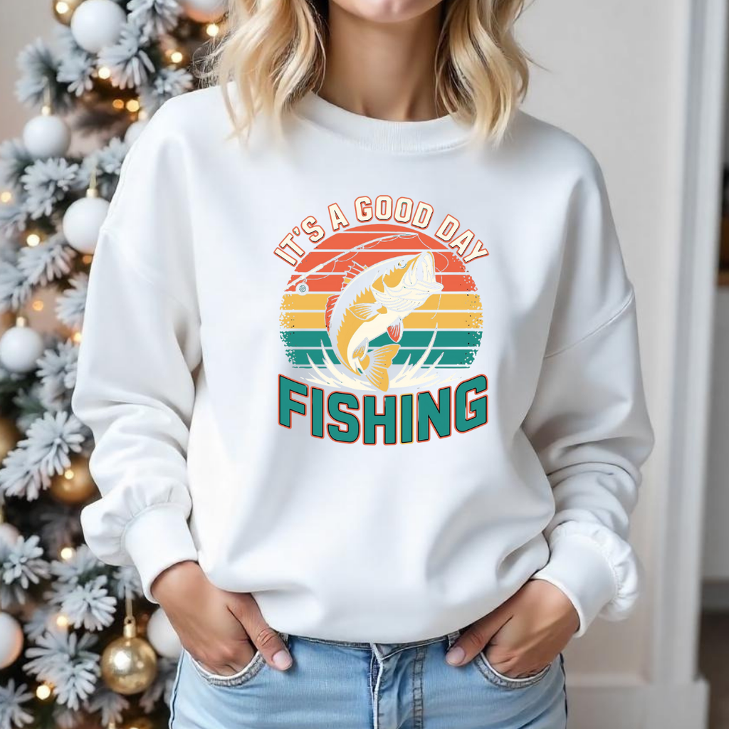 Fishing Crewneck Sweatshirt, "It's a Good Day" Retro Fish Design, Vintage Angler Pullover, Outdoor Adventure Shirt, Fisherman Gift Tee