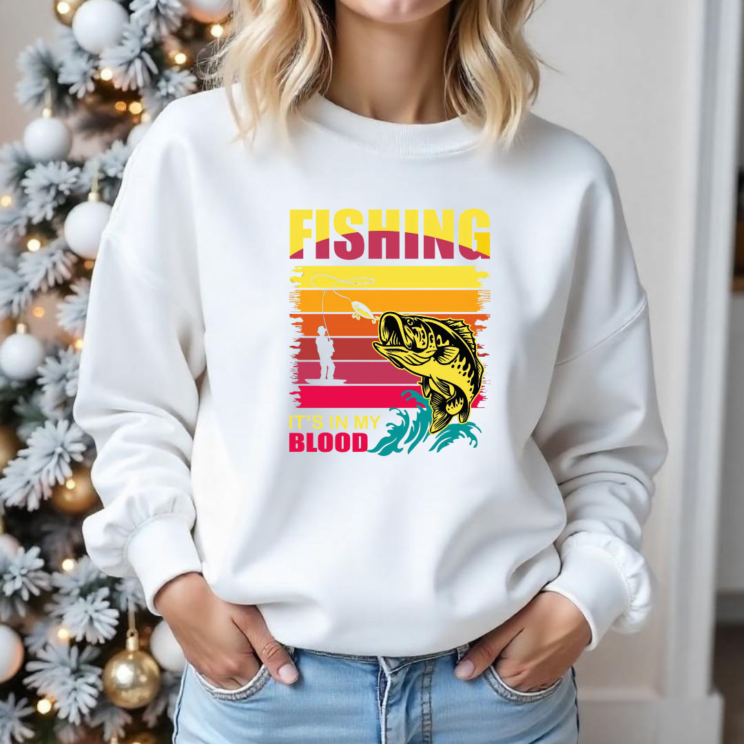 Fishing Crewneck Sweatshirt, Vintage Bass Graphic "Fishing Blood" Retro Sunset, Angler Pullover, Outdoor Adventure Shirt, Fisherman Gift Tee