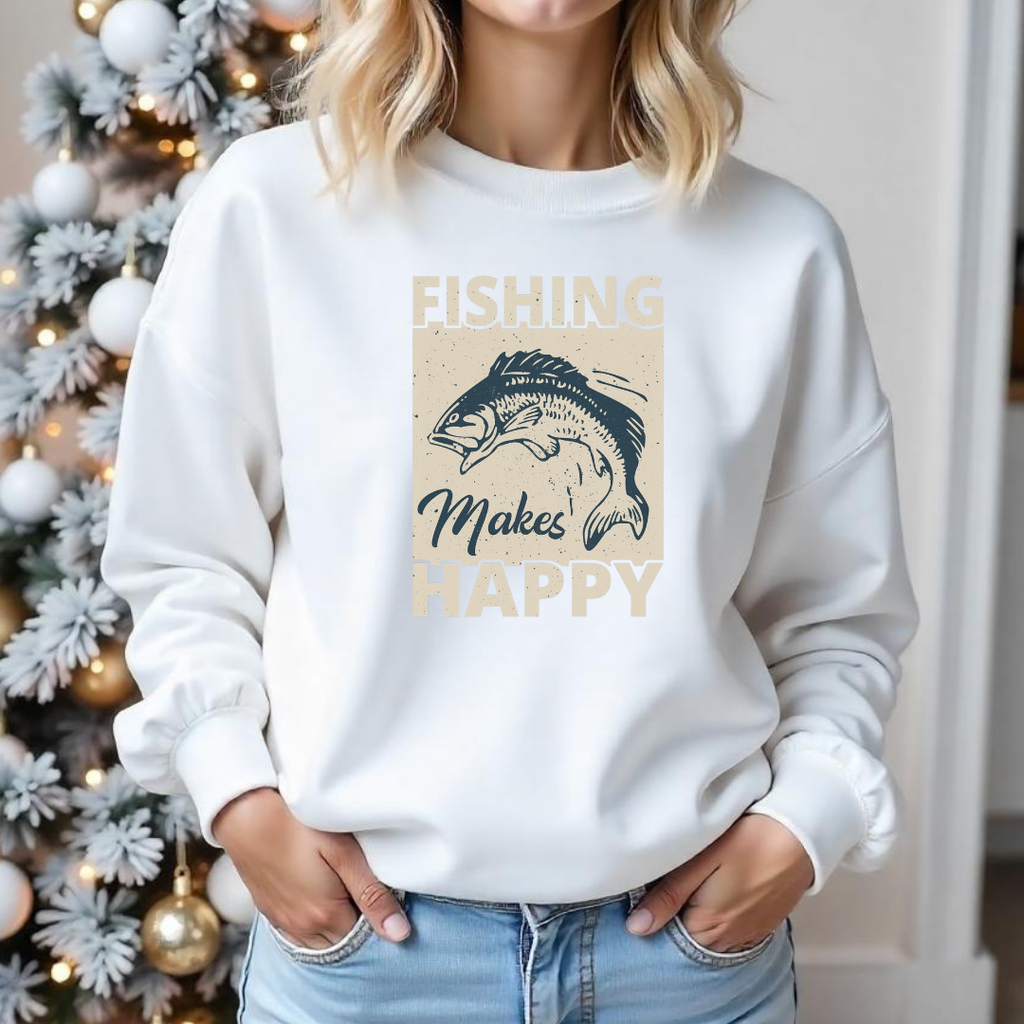 Fishing Makes Me Happy Crewneck Sweatshirt, Funny Angler Pullover, Outdoor Adventure Shirt, Fisherman Gift, Relaxing Hobby Graphic Tee