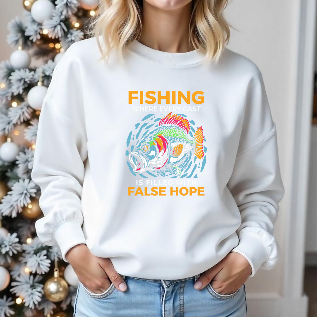 Fishing "False Hope" Crewneck Sweatshirt, Funny Angler Graphic, Retro Fishing Pullover, Outdoor Adventure Shirt, Fisherman Gift Tee