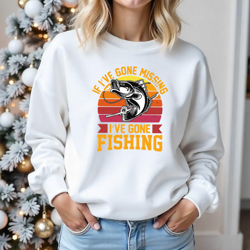 Fishing Crewneck Sweatshirt, "If I’ve Gone Missing I’ve Gone Fishing" Retro Bass Design, Funny Angler Shirt, Outdoor Pullover, Fisherman Gift