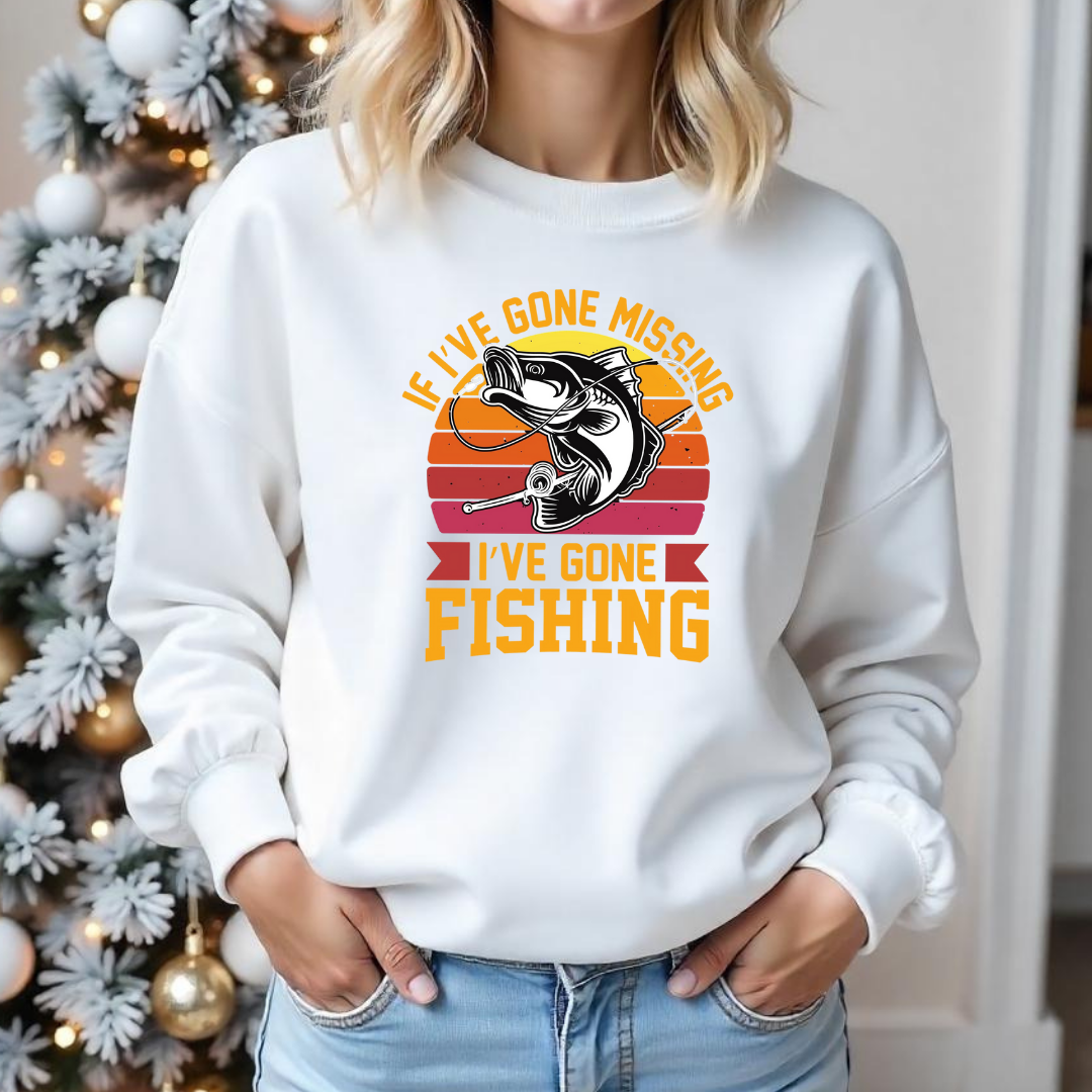 Fishing Crewneck Sweatshirt, "If I’ve Gone Missing I’ve Gone Fishing" Retro Bass Design, Funny Angler Shirt, Outdoor Pullover, Fisherman Gift