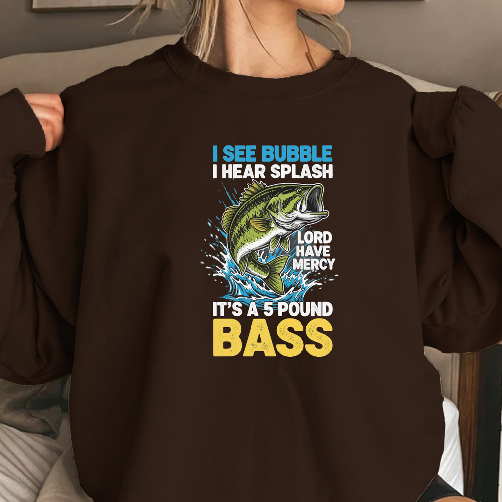 Bass Fishing Crewneck Sweatshirt, "I See Bubble Bass" Graphic, Funny Angler Shirt, Outdoor Adventure Pullover, Fisherman Gift, Retro Fishing Tee