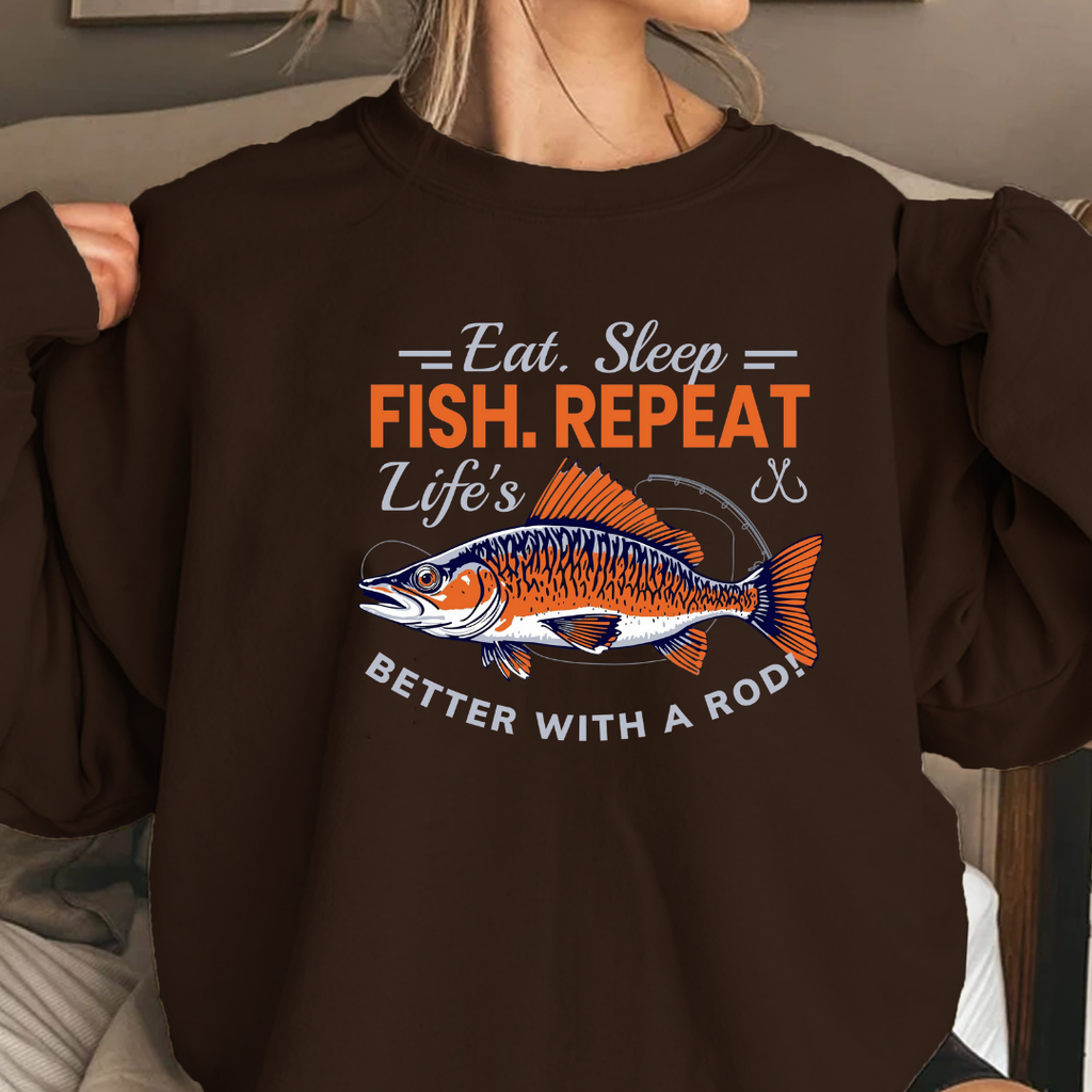 Fishing Crewneck Sweatshirt, "Eat. Sleep. Fish. Repeat." Graphic, Funny Angler Pullover, Outdoor Adventure Shirt, Fisherman Gift Tee