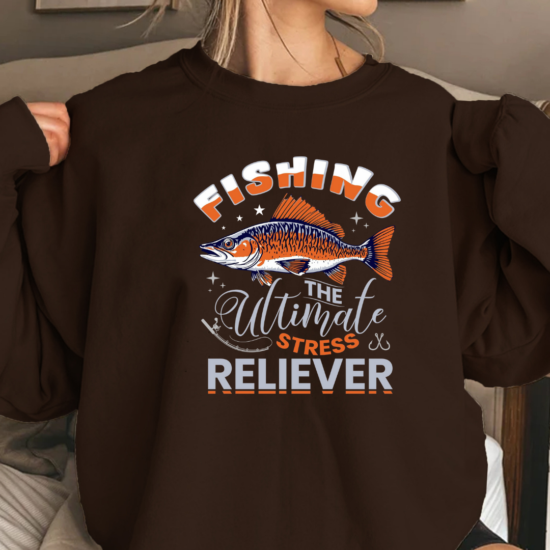 Crewneck Sweatshirt, "Fishing: The Ultimate Stress Reliever" Vintage Graphic, Funny Angler Pullover, Outdoor Adventure Shirt, Fisherman Gift Tee