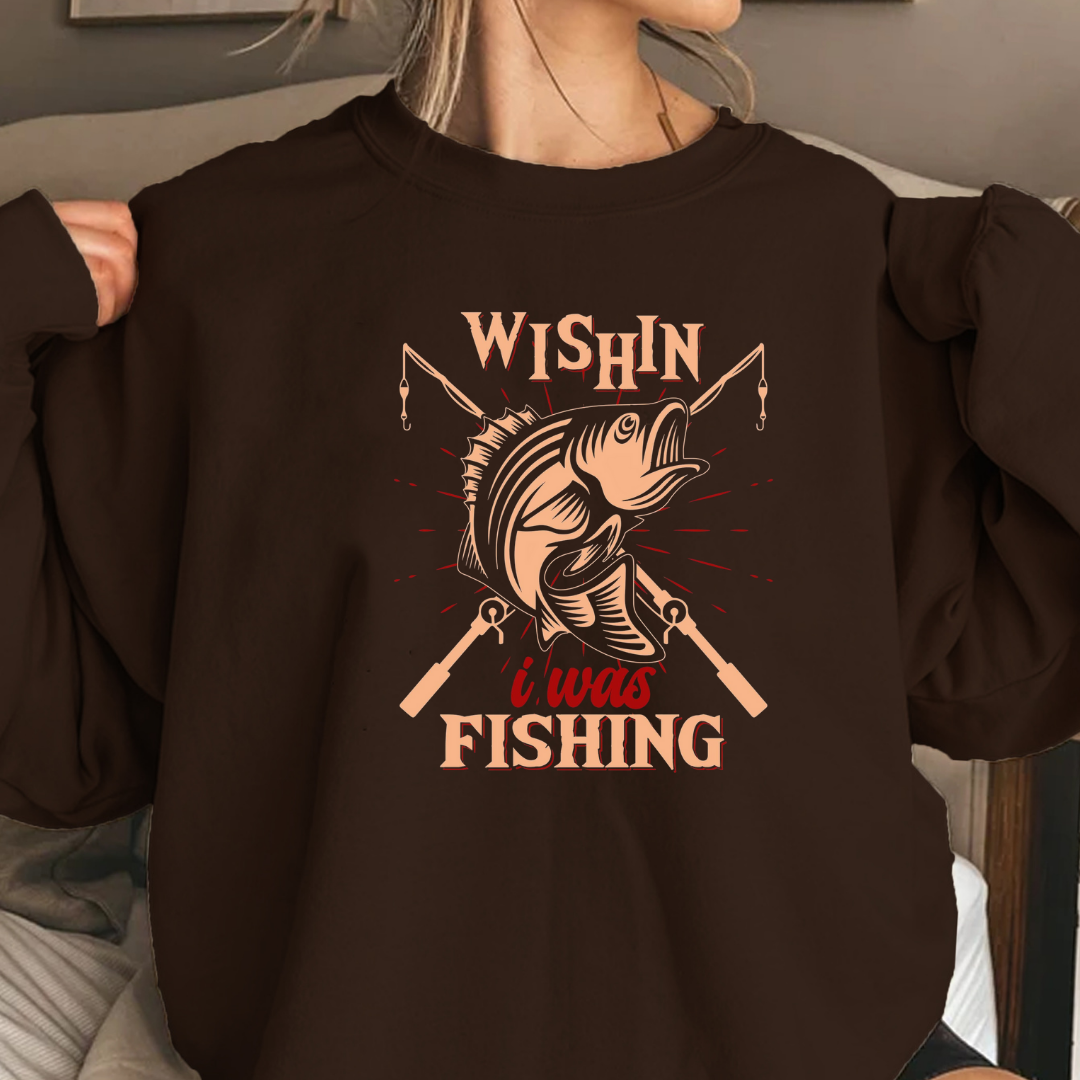 Fishing Crewneck Sweatshirt, "Wishin I Was Fishing" Retro Graphic, Vintage Angler Pullover, Outdoor Adventure Shirt, Fisherman Gift Tee