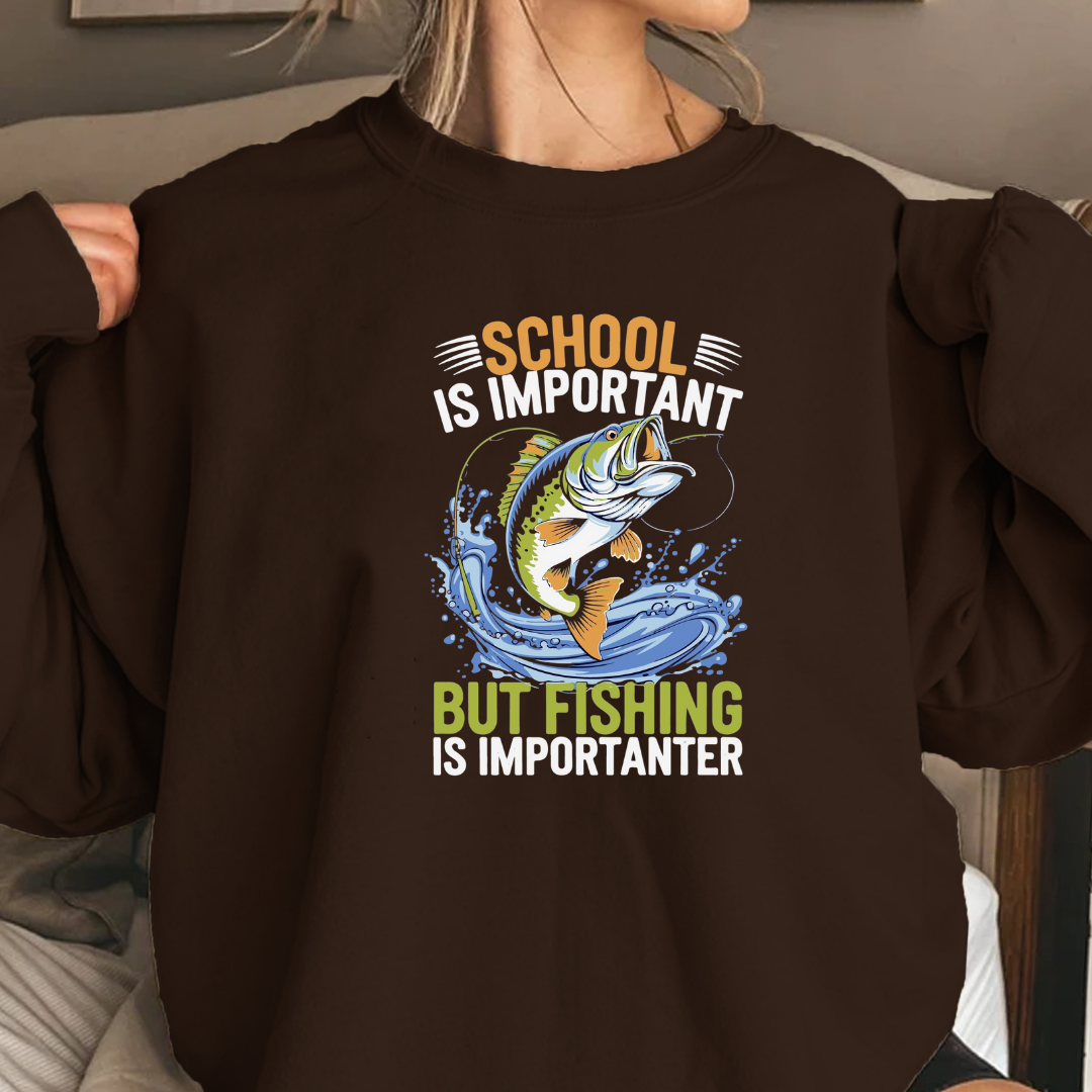 Fishing Crewneck Sweatshirt, "School But Fishing" Graphic, Funny Angler Shirt, Outdoor Adventure Pullover, Fisherman Gift, Relaxing Hobby Tee