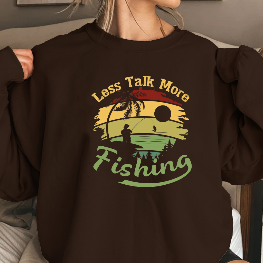 Fishing Crewneck Sweatshirt, "Less Talk More Fishing" Retro Sunset Design, Vintage Angler Pullover, Outdoor Adventure Shirt, Fisherman Gift Tee