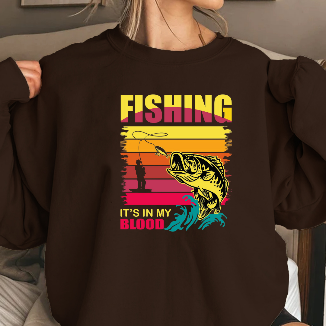 Fishing Crewneck Sweatshirt, Vintage Bass Graphic "Fishing Blood" Retro Sunset, Angler Pullover, Outdoor Adventure Shirt, Fisherman Gift Tee