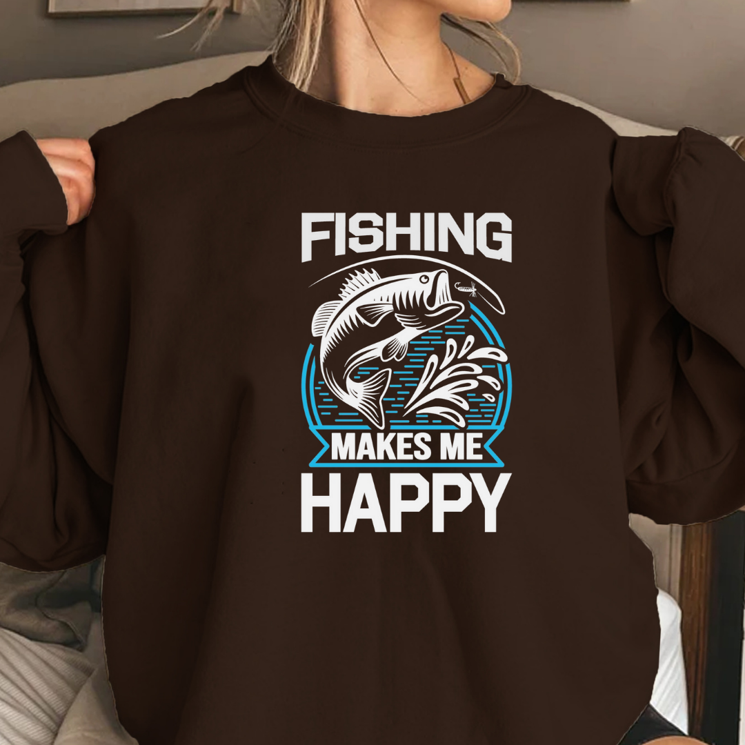 Fishing Happy Crewneck Sweatshirt, Relaxed Fishing Graphic Pullover, Funny Angler Shirt, Outdoor Adventure Apparel, Fisherman Gift Tee