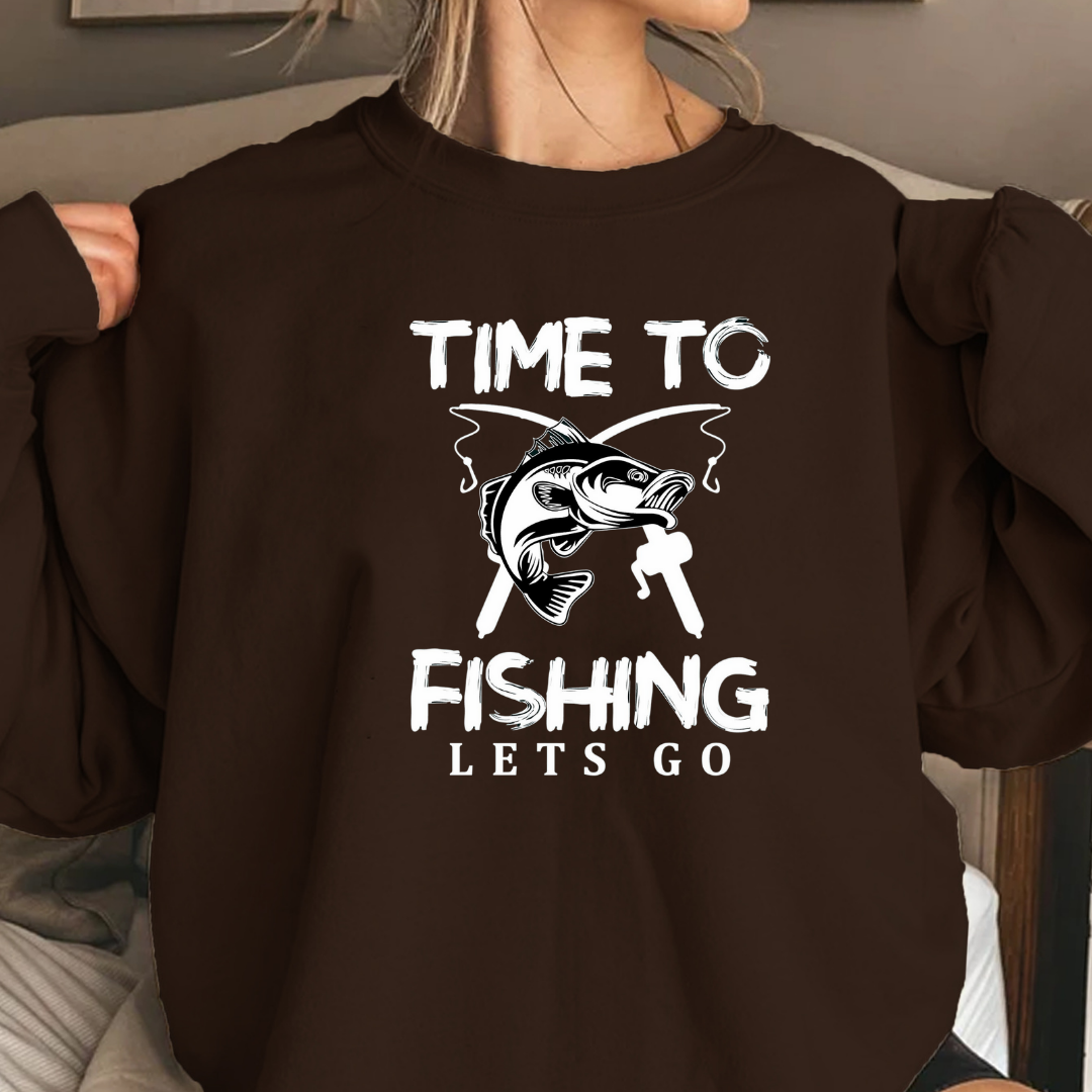Fishing Crewneck Sweatshirt, Retro Fish Graphic "Time to Go Fishing", Vintage Angler Pullover, Outdoor Adventure Shirt, Fisherman Gift Tee