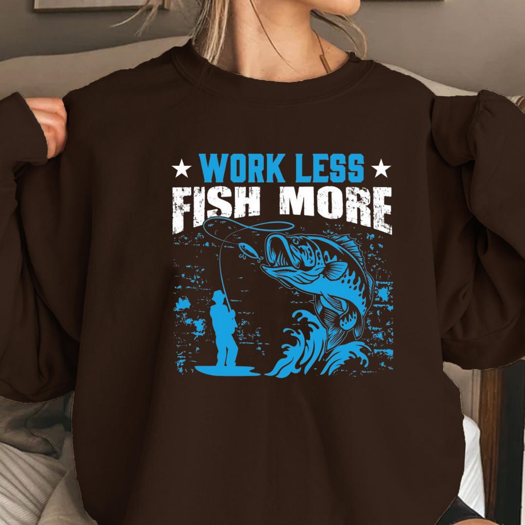 Crewneck Sweatshirt, "Work Less" Surf Vintage Graphic, Retro Beach Pullover, Casual Unisex Shirt, Cozy Coastal Tee, Summer Vibes Gift