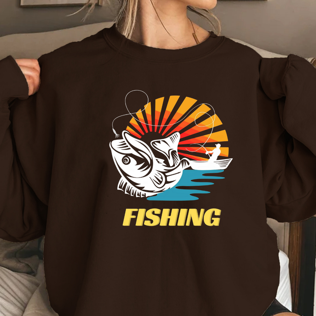 Fishing Sunset Crewneck Sweatshirt, Retro Angler Graphic Pullover, Outdoor Adventure Shirt, Vintage Fishing Gift, Relaxing Hobby Tee