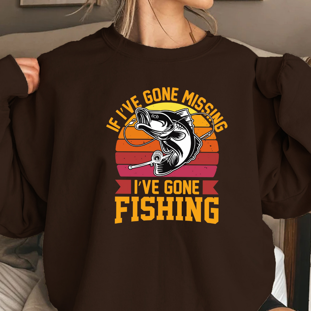 Fishing Crewneck Sweatshirt, "If I’ve Gone Missing I’ve Gone Fishing" Retro Bass Design, Funny Angler Shirt, Outdoor Pullover, Fisherman Gift