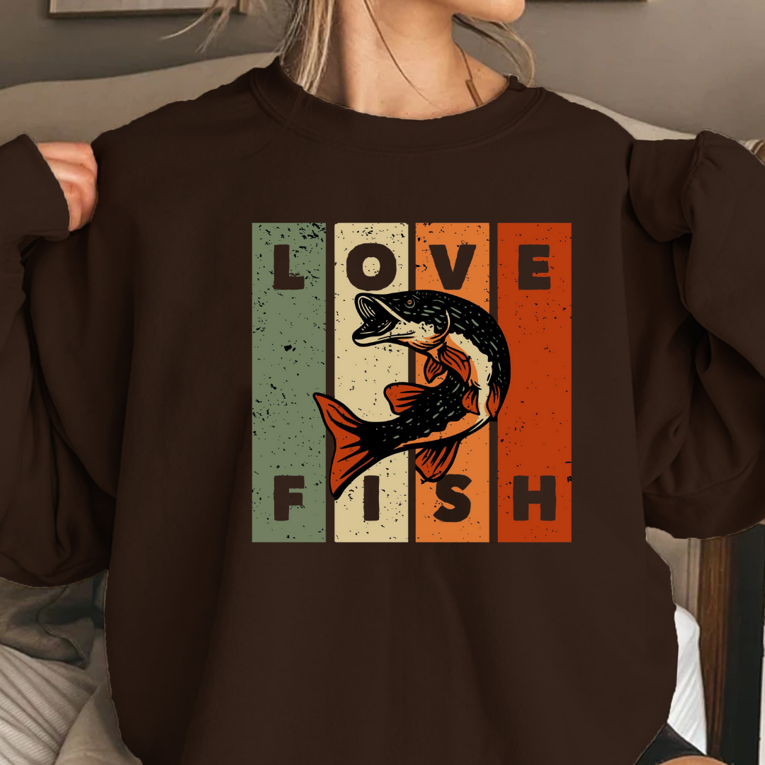 Love Fish Crewneck Sweatshirt, Retro Fishing Graphic Pullover for Anglers, Vintage Angler Shirt, Outdoor Adventure Top, Fisherman Gift Tee