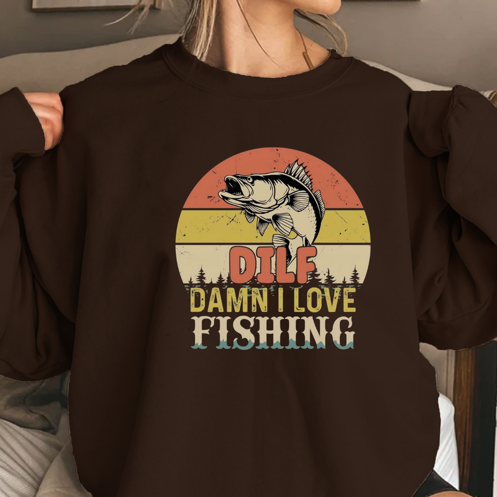 Fishing Sweatshirt, "DILF – Damn I Love Fishing" Retro Bass Crewneck, Funny Angler Shirt, Outdoor Adventure Pullover, Fisherman Gift Tee