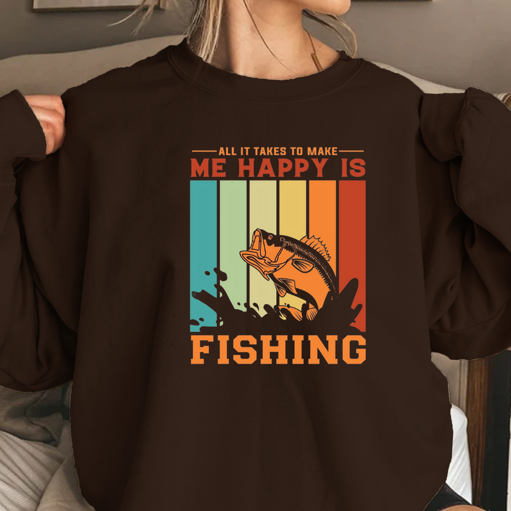 Fishing Crewneck Sweatshirt, "Me Happy Is Fishing" Retro Fish Design, Funny Angler Pullover, Outdoor Adventure Shirt, Fisherman Gift Tee