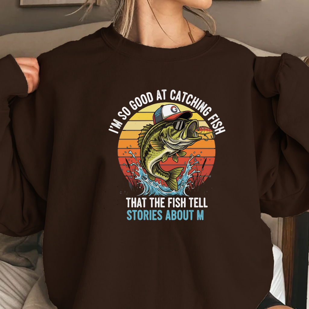 Fishing Crewneck Sweatshirt, "Stories About M" Retro Bass Graphic, Funny Angler Shirt, Outdoor Adventure Pullover, Fisherman Gift Tee
