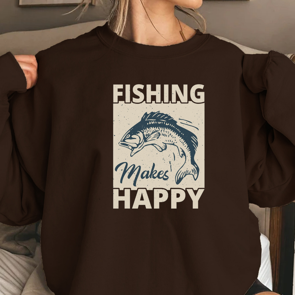 Fishing Makes Me Happy Crewneck Sweatshirt, Funny Angler Pullover, Outdoor Adventure Shirt, Fisherman Gift, Relaxing Hobby Graphic Tee