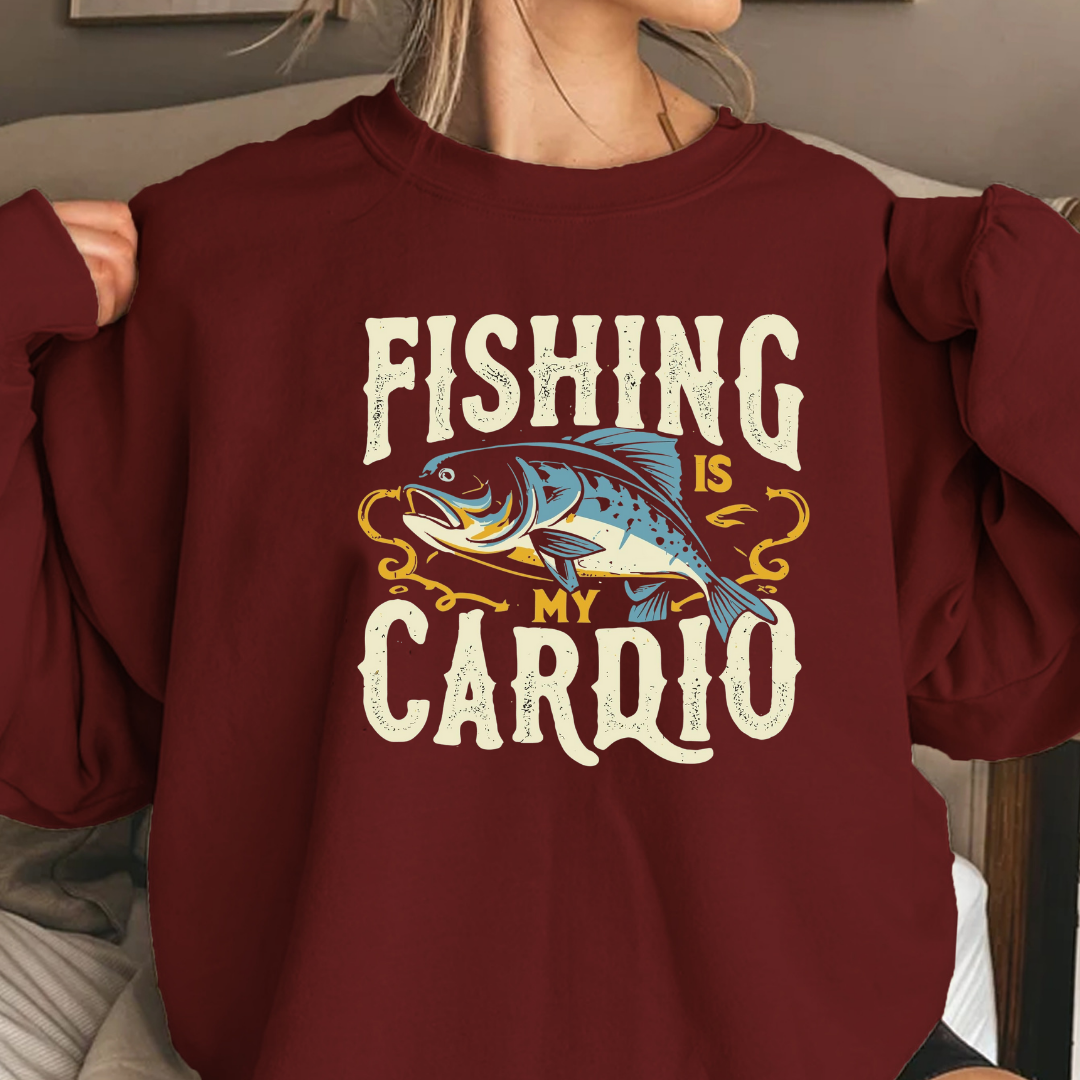 Fishing Is My Cardio Crewneck Sweatshirt, Funny Angler Shirt, Outdoor Adventure Pullover, Fisherman Gift, Relaxing Hobby Graphic Tee
