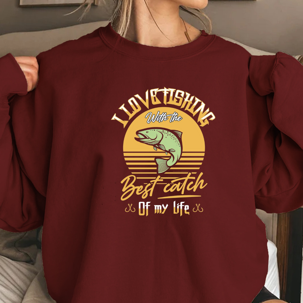 Crewneck Sweatshirt, Retro Sunset "Best Catches" Fishing Graphic, Vintage Angler Pullover, Outdoor Adventure Shirt, Fisherman Gift Tee