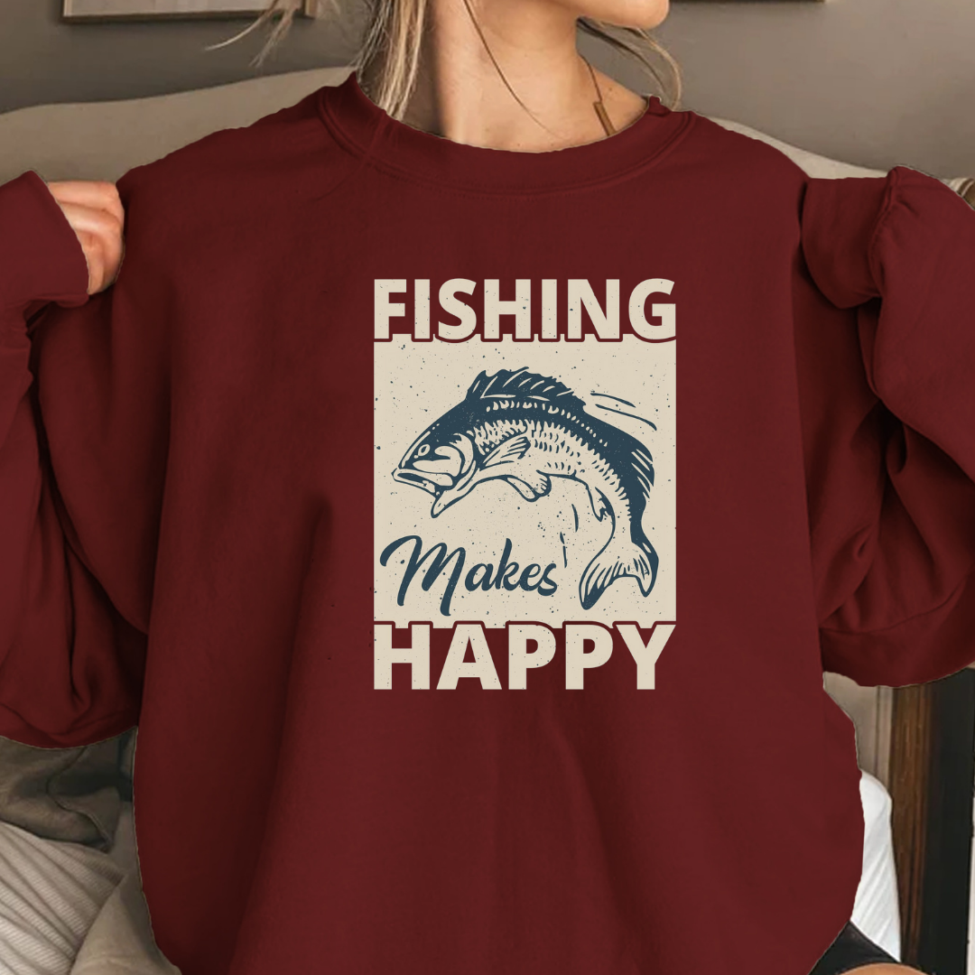 Fishing Makes Me Happy Crewneck Sweatshirt, Funny Angler Pullover, Outdoor Adventure Shirt, Fisherman Gift, Relaxing Hobby Graphic Tee