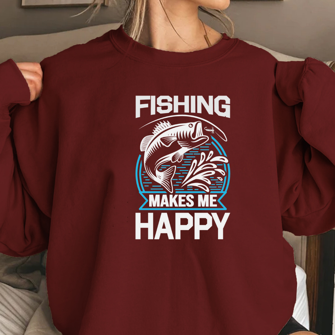 Fishing Happy Crewneck Sweatshirt, Relaxed Fishing Graphic Pullover, Funny Angler Shirt, Outdoor Adventure Apparel, Fisherman Gift Tee