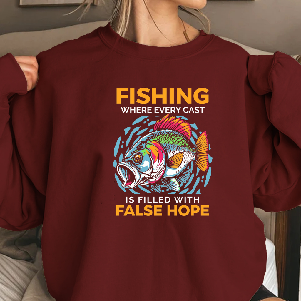 Fishing "False Hope" Crewneck Sweatshirt, Funny Angler Graphic, Retro Fishing Pullover, Outdoor Adventure Shirt, Fisherman Gift Tee